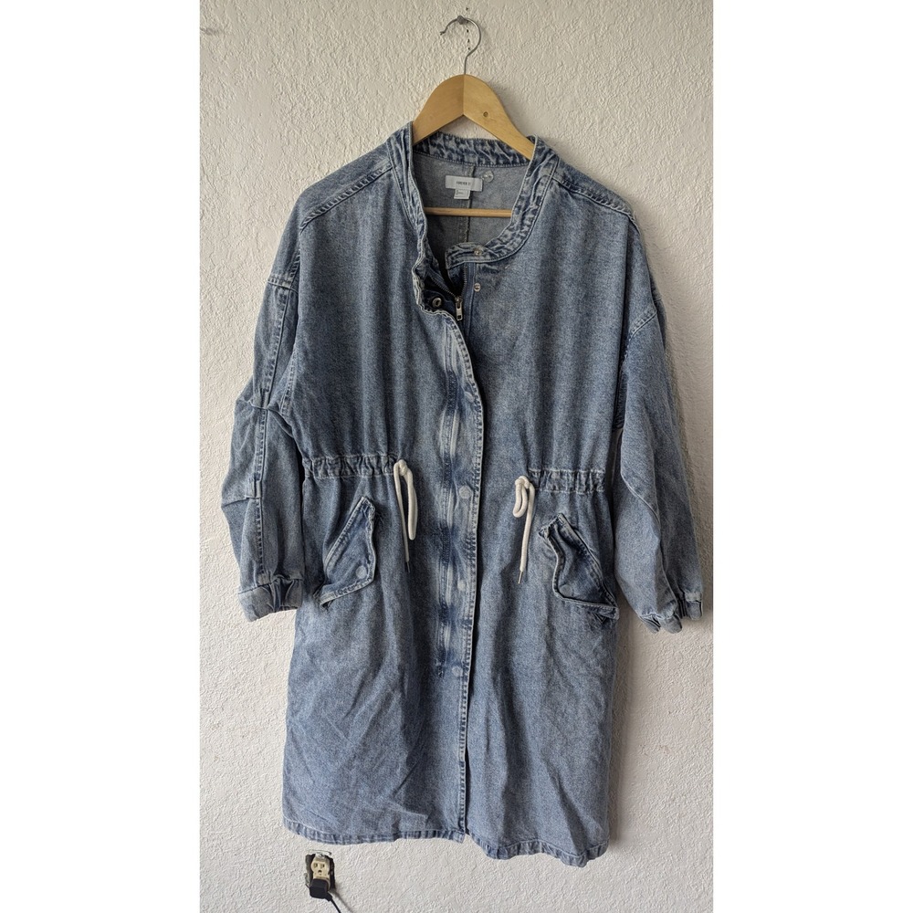 Forever 21‎ Womens Acid Wash Denim Parka Jacket Blue Longline Utility Small